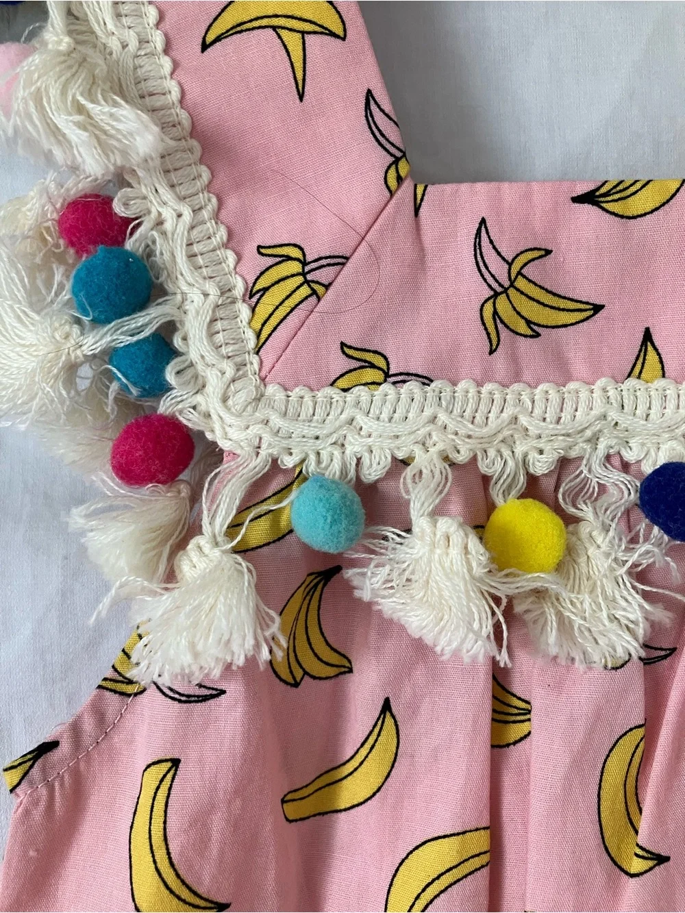 Peas and Queues Banana Print Dress with Pom Pom Trim - Size 7